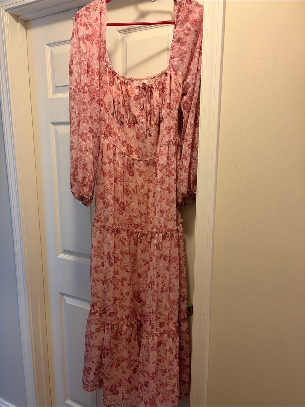 Altar'd State Pink Floral Tiered Maxi Dress with Puff Sleeves